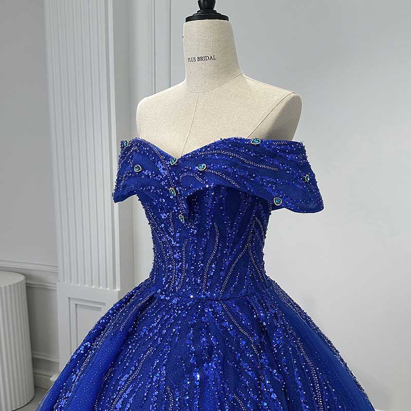 Off Shoulder Ball Gown Sequin Formal Dresses With Detachable Crinoline.