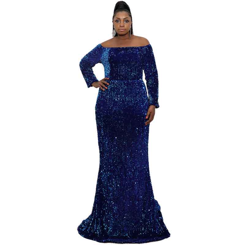 Plus Size Sequin Navy Blue Maxi Dress with Sleeves Evening Gowns