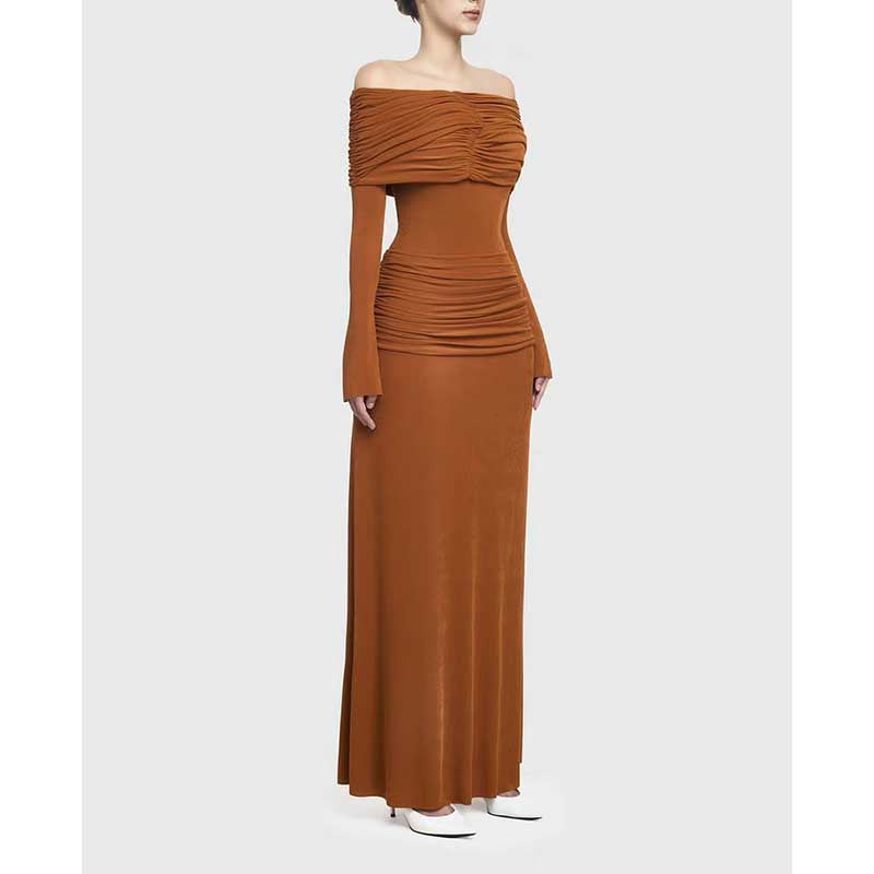 Off Shoulder Ruch Maxi Dress With Sleeves for Women