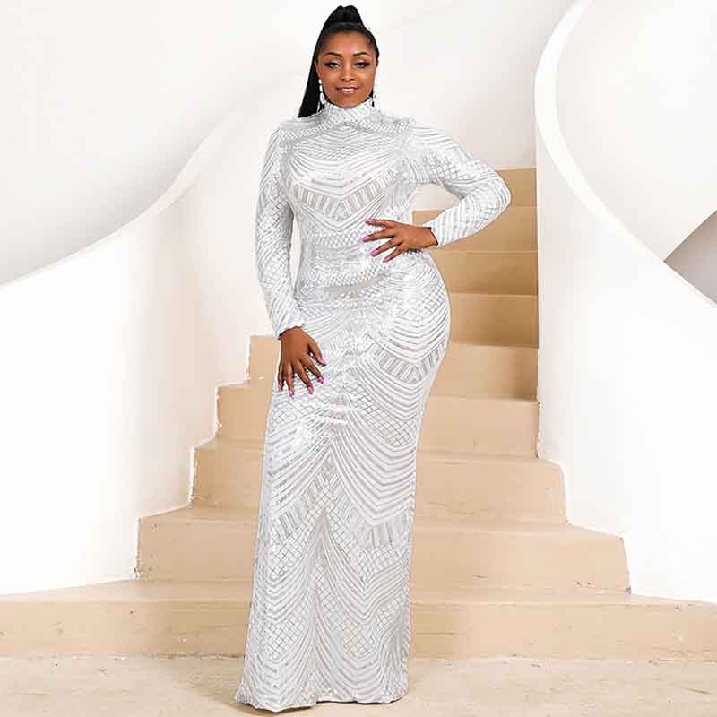 Women Plus Size Long Sleeve Sequin Gown Female Maxi Elegant Dress
