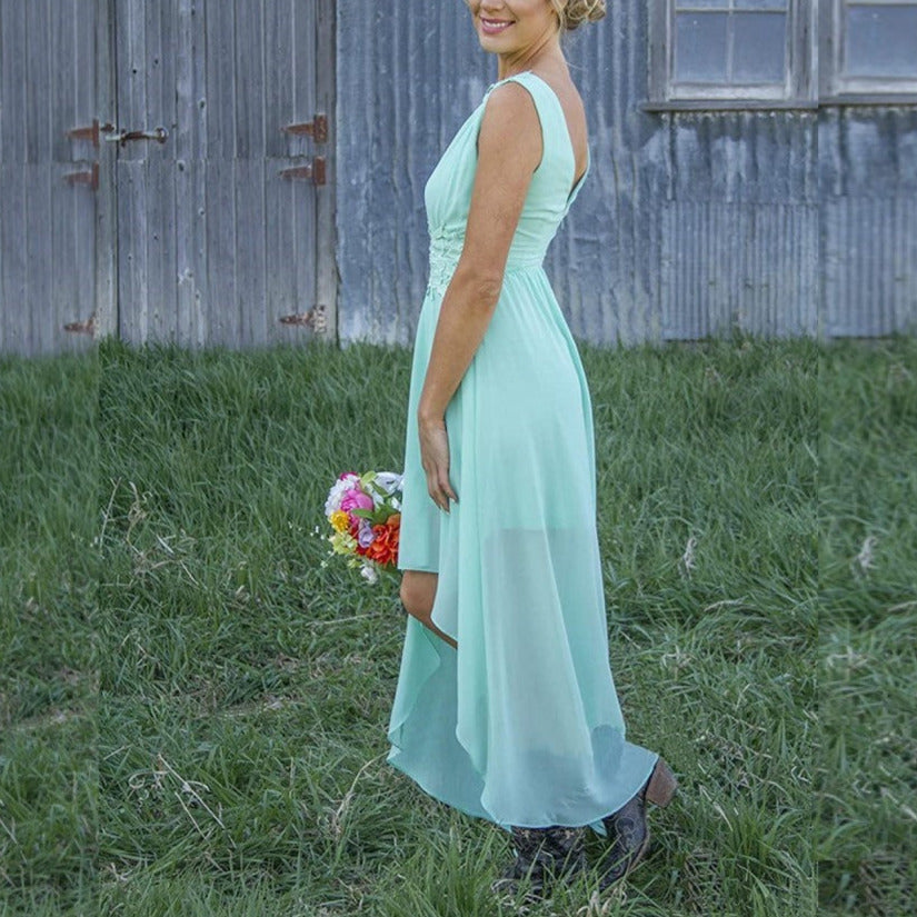 High Low Lace Chiffon Bridesmaid Dress Country Wedding Guest Dress