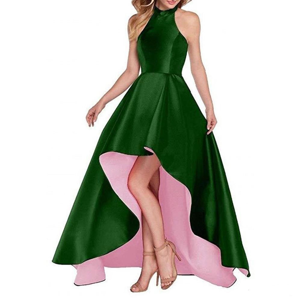 High Low Satin Prom Dress Halter Wedding Guest Dress Party Ball Gown