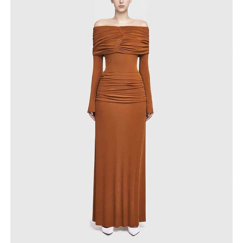 Off Shoulder Ruch Maxi Dress With Sleeves for Women