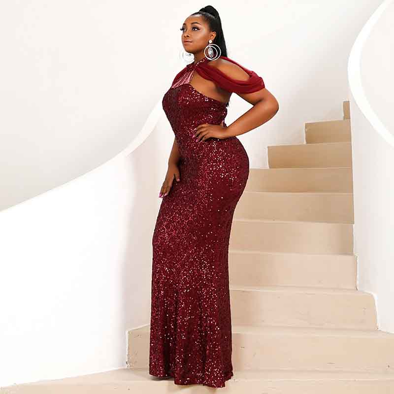Plus Size Party Dress Sequin Burgundy Maxi Formal Dress Prom Gowns