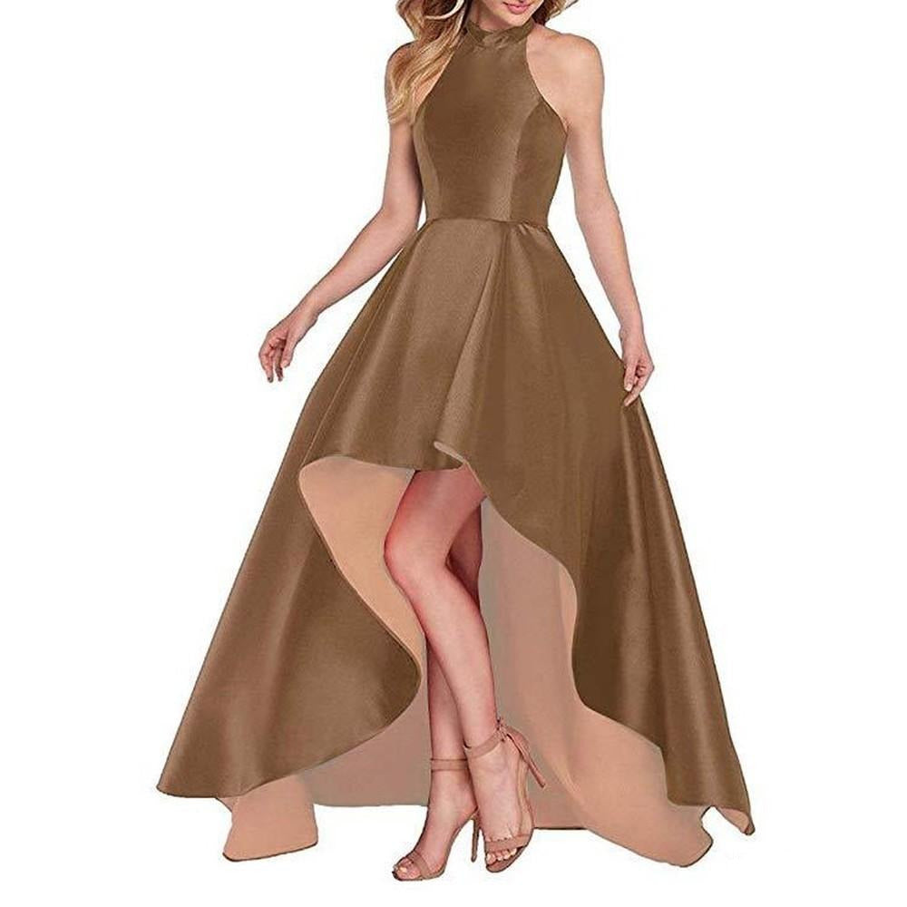 High Low Satin Prom Dress Halter Wedding Guest Dress Party Ball Gown