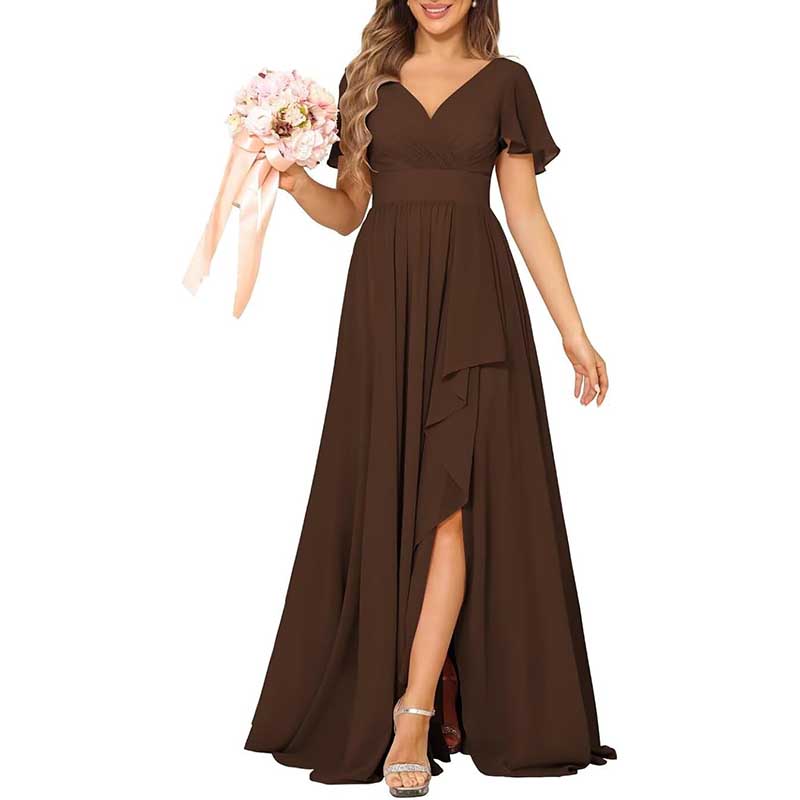 V-Neck Chiffon Bridesmaid Dress With Pocket Short Sleeves & Elegant Side Split