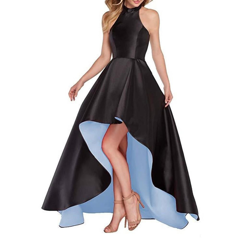 High Low Satin Prom Dress Halter Wedding Guest Dress Party Ball Gown