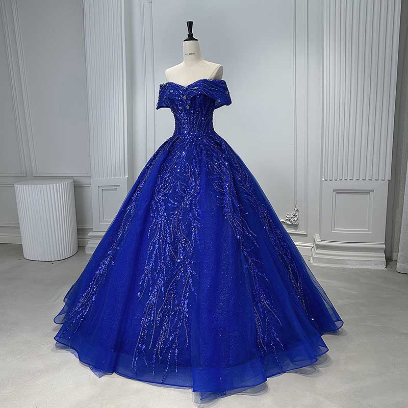 Off Shoulder Ball Gown Sequin Formal Dresses With Detachable Crinoline.