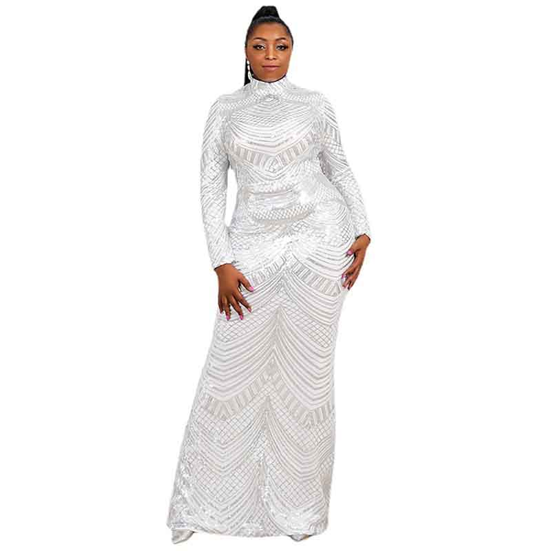 Women Plus Size Long Sleeve Sequin Gown Female Maxi Elegant Dress