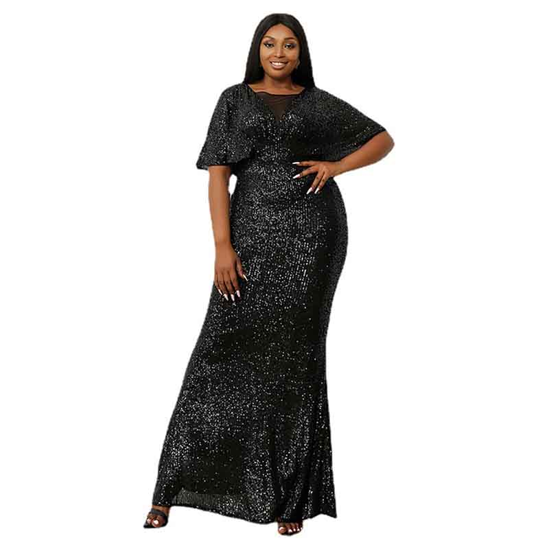 Women's Plus Size Shinny Sequin Black Evening Dress Sleeve Prom Gown