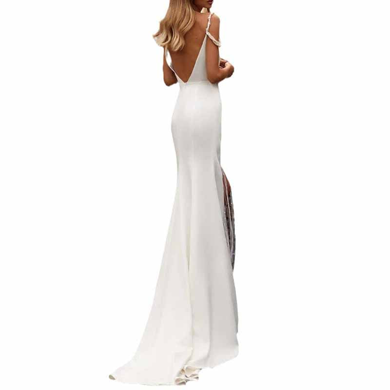 V-Neck Satin Wedding Dress Pearl Spaghetti Straps Slit Bridal Dress