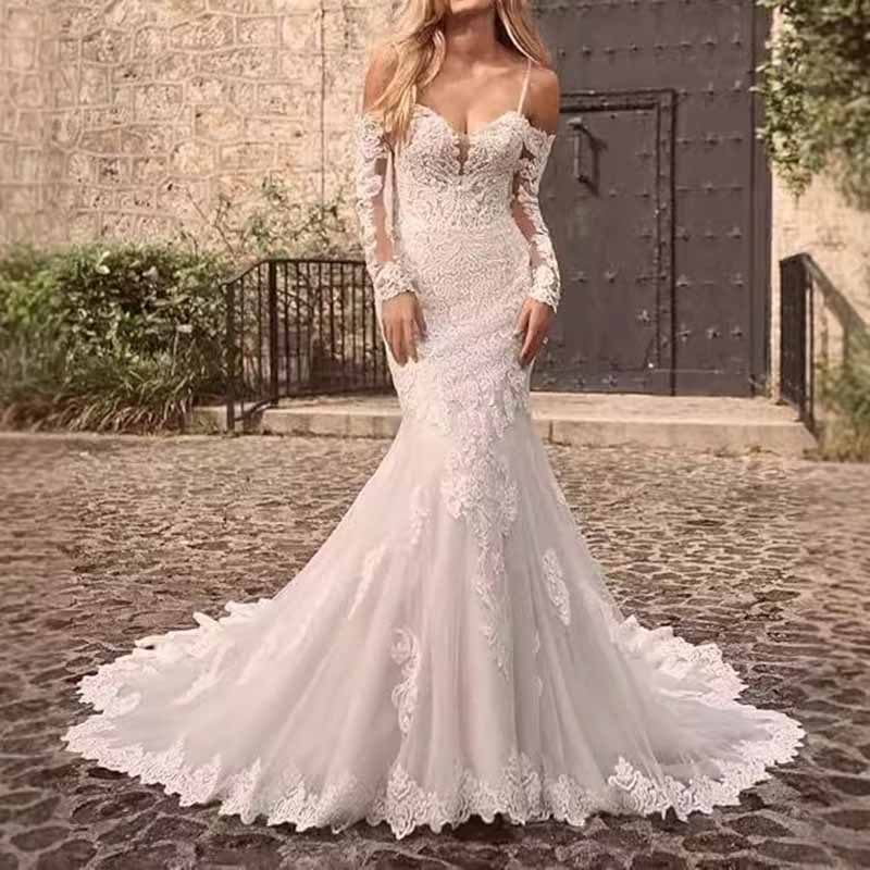 Appliques Lace Bride Dress Long Sleeves Off Shoulder Mermaid Wedding Dress