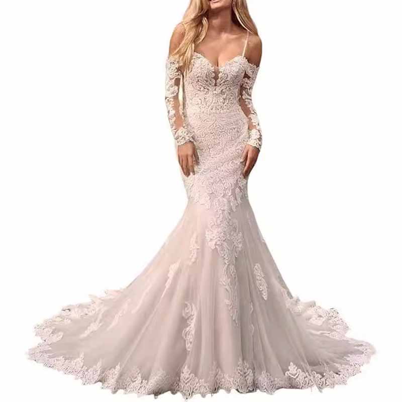 Appliques Lace Bride Dress Long Sleeves Off Shoulder Mermaid Wedding Dress
