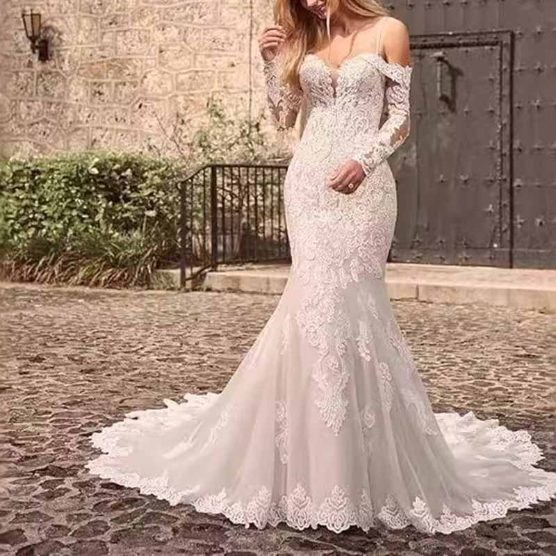 Appliques Lace Bride Dress Long Sleeves Off Shoulder Mermaid Wedding Dress