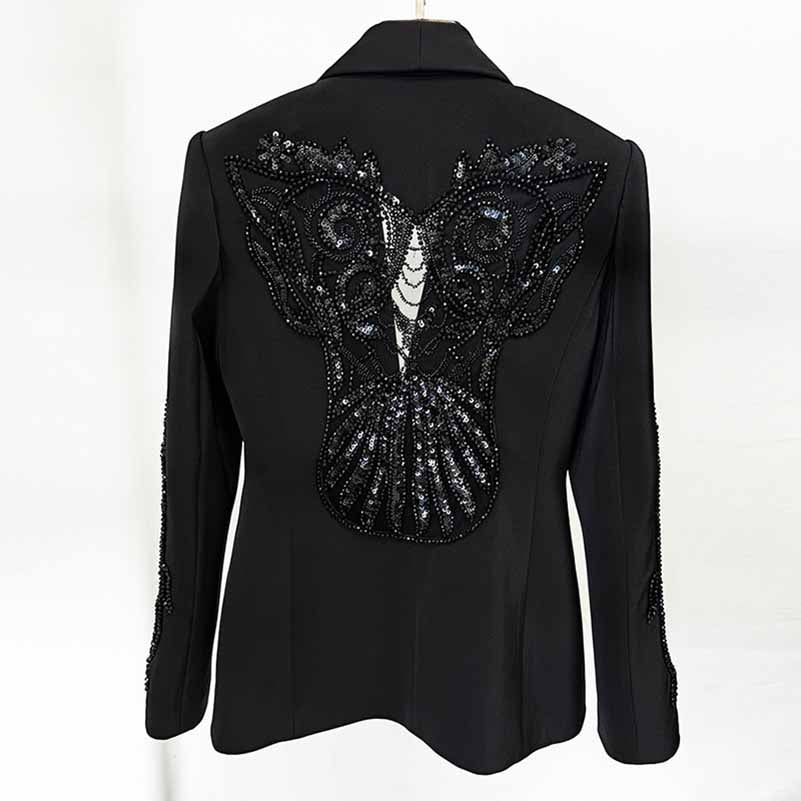 Black Embroidery Wide-Leg Pantsuit V Neck One Button Event Suit