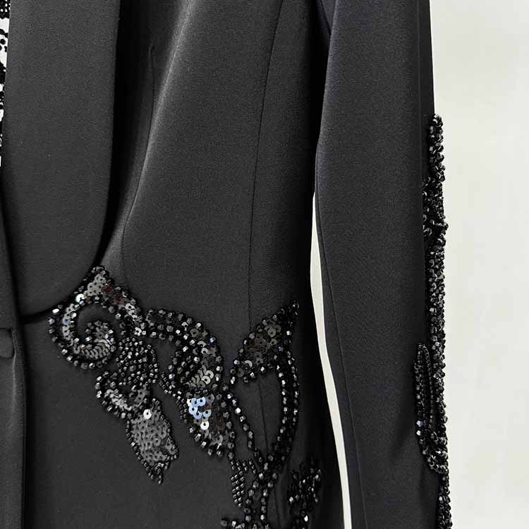 Black Embroidery Wide-Leg Pantsuit V Neck One Button Event Suit