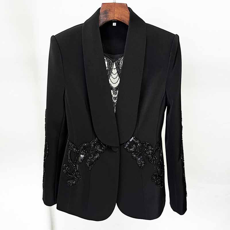 Black Embroidery Wide-Leg Pantsuit V Neck One Button Event Suit