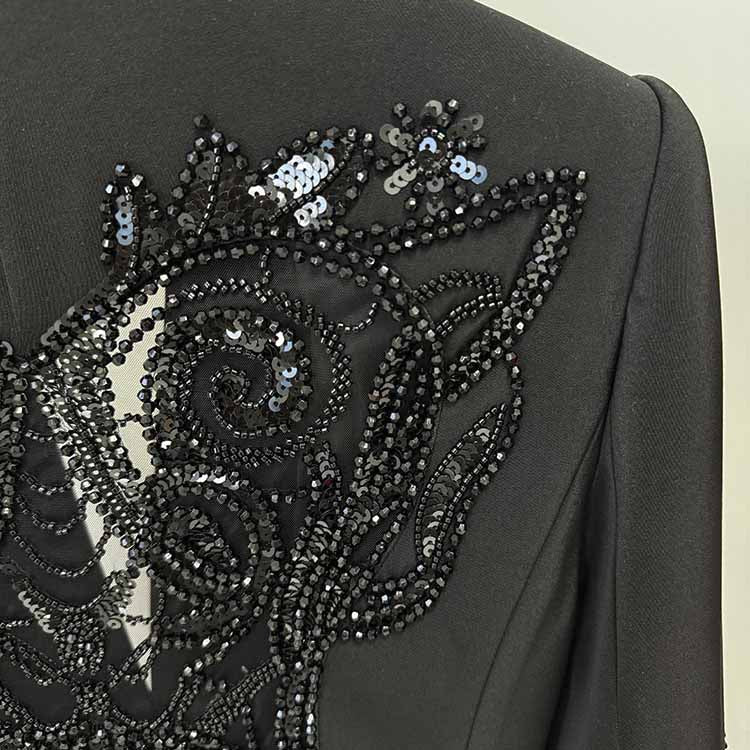 Black Embroidery Wide-Leg Pantsuit V Neck One Button Event Suit