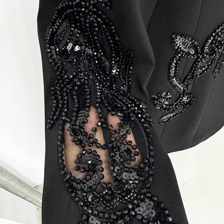 Black Embroidery Wide-Leg Pantsuit V Neck One Button Event Suit