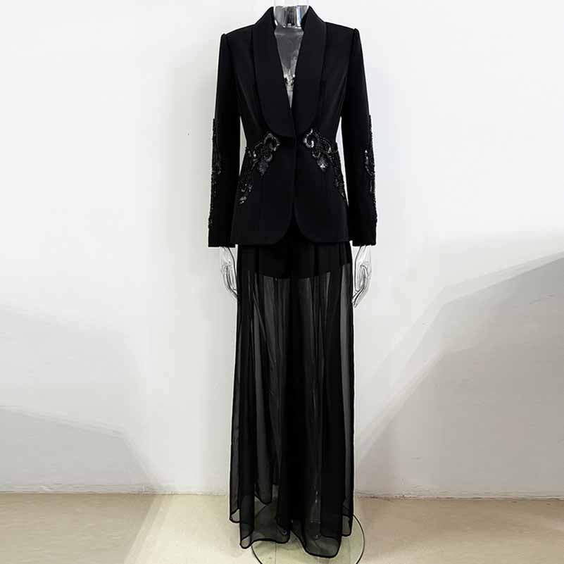 Black Embroidery Wide-Leg Pantsuit V Neck One Button Event Suit