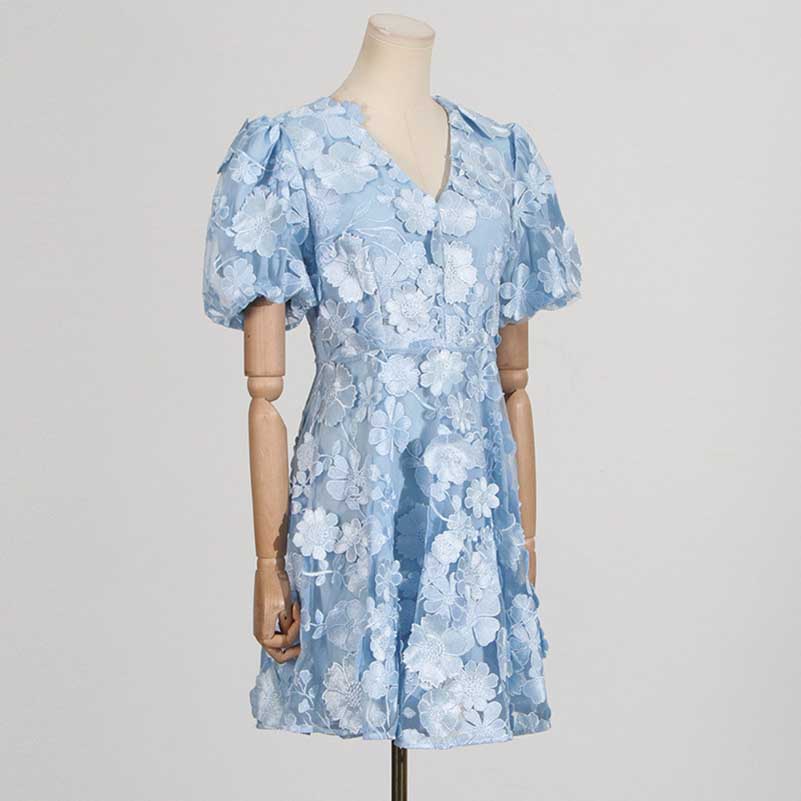 Floral Embroidered Puff Sleeve Mini Dress