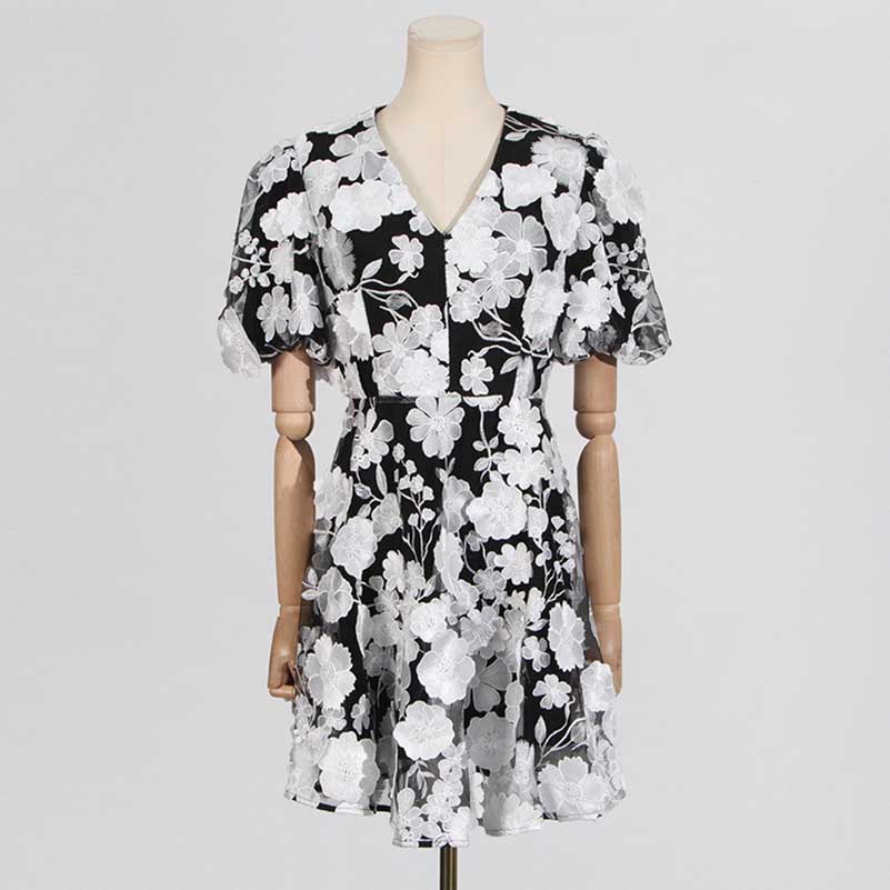 Floral Embroidered Puff Sleeve Mini Dress