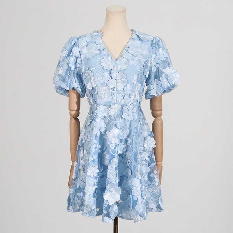 Floral Embroidered Puff Sleeve Mini Dress