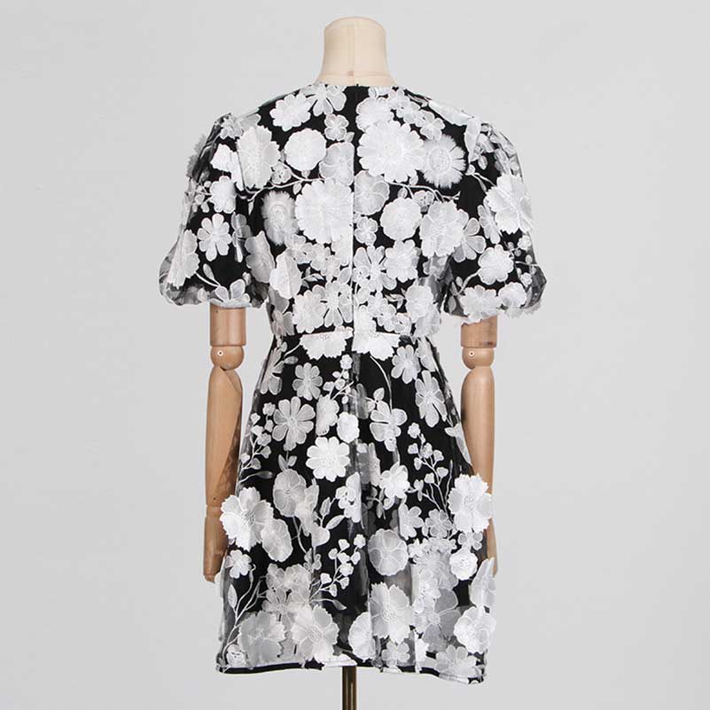 Floral Embroidered Puff Sleeve Mini Dress