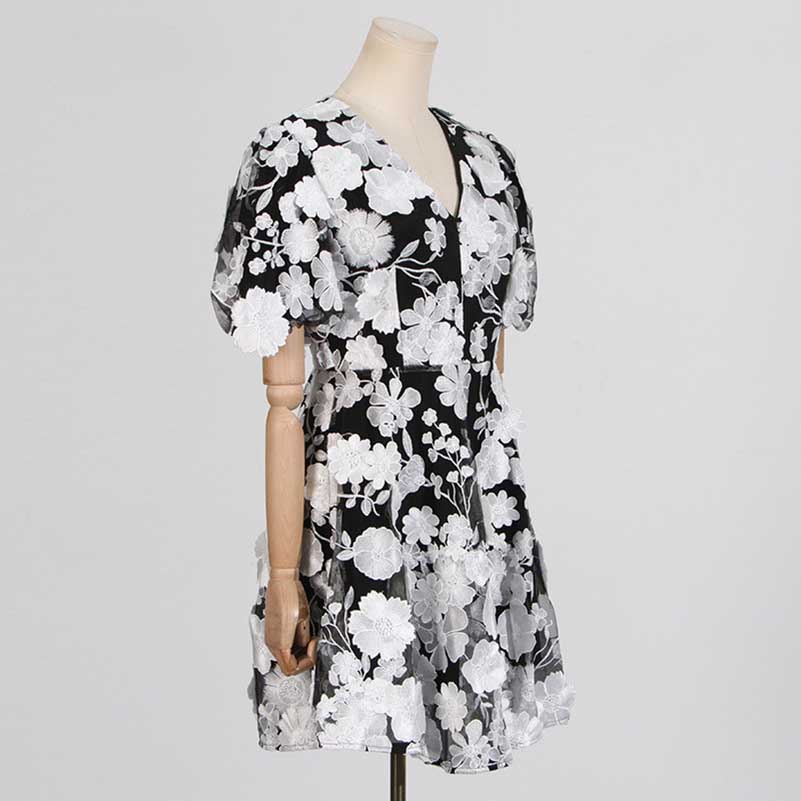 Floral Embroidered Puff Sleeve Mini Dress