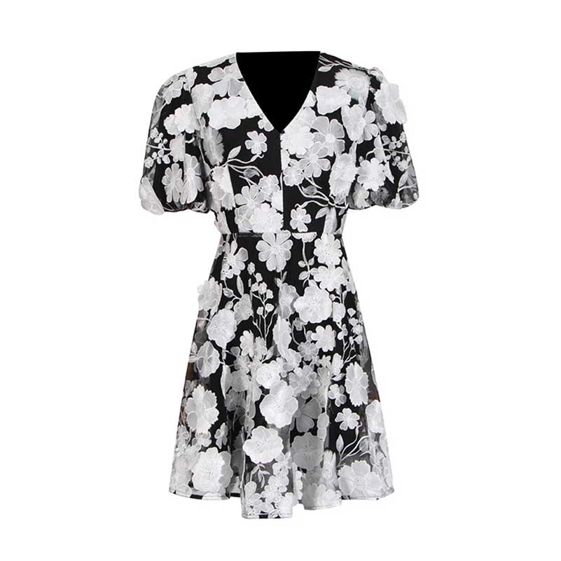 Floral Embroidered Puff Sleeve Mini Dress