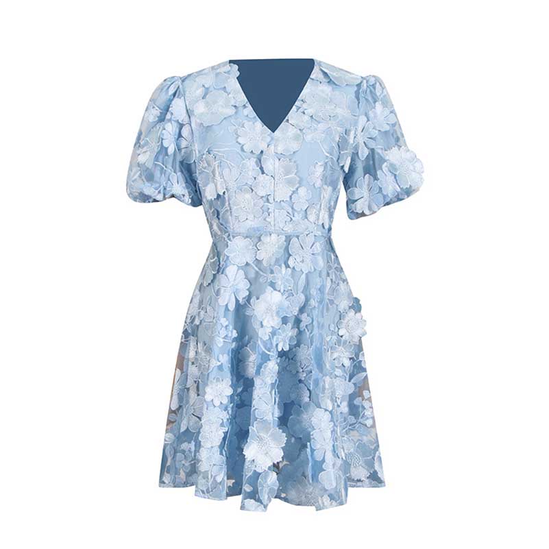 Floral Embroidered Puff Sleeve Mini Dress