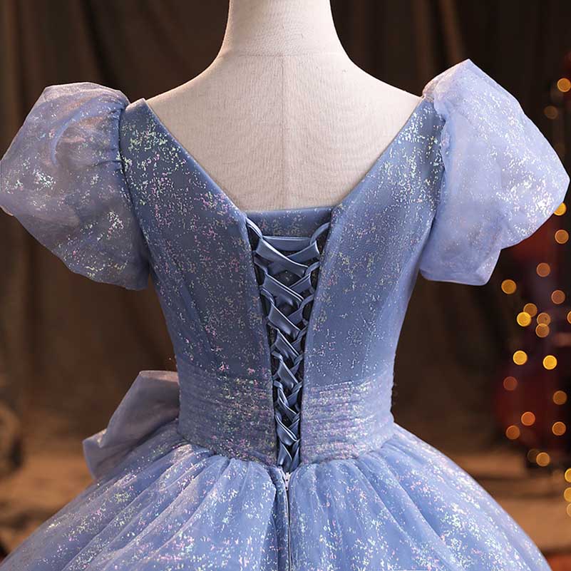 Blue Tulle Prom Dress Bow Detail Ball Gown Dress