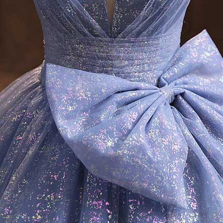 Blue Tulle Prom Dress Bow Detail Ball Gown Dress
