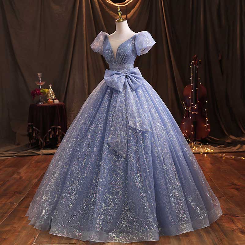 Blue Tulle Prom Dress Bow Detail Ball Gown Dress