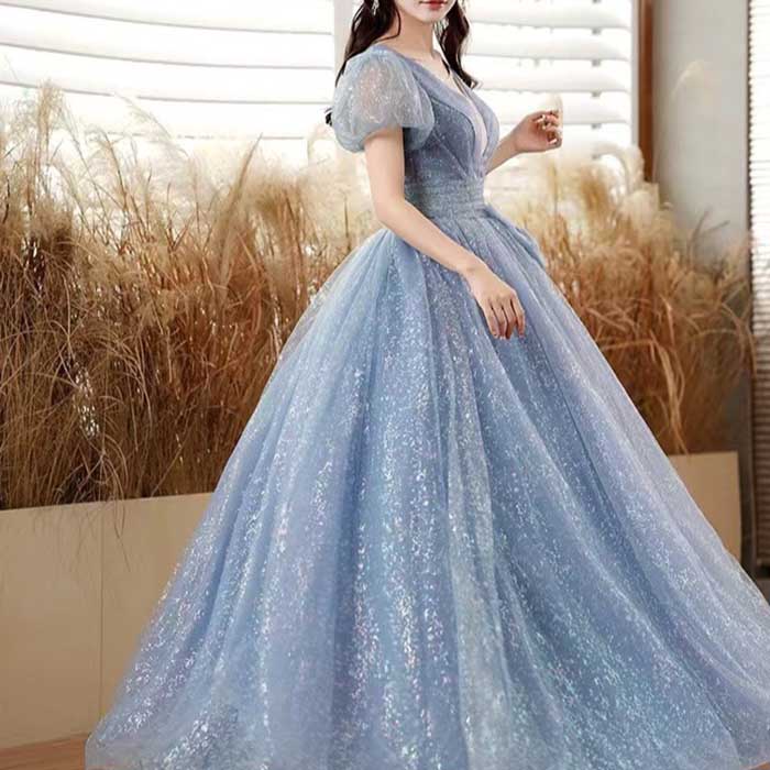 Blue Tulle Prom Dress Bow Detail Ball Gown Dress
