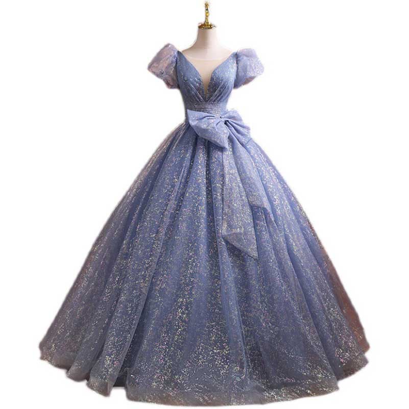 Blue Tulle Prom Dress Bow Detail Ball Gown Dress
