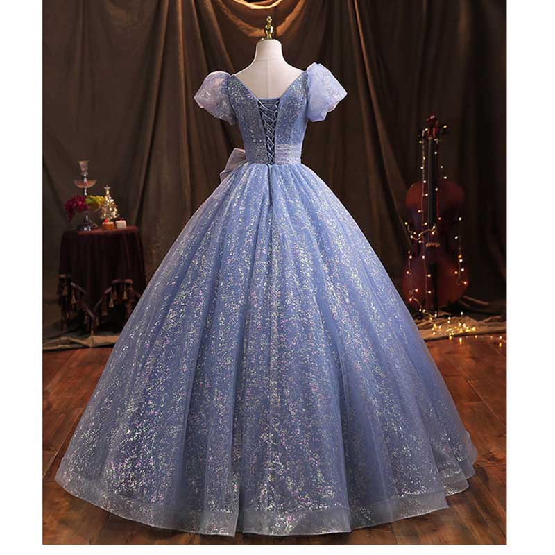 Blue Tulle Prom Dress Bow Detail Ball Gown Dress