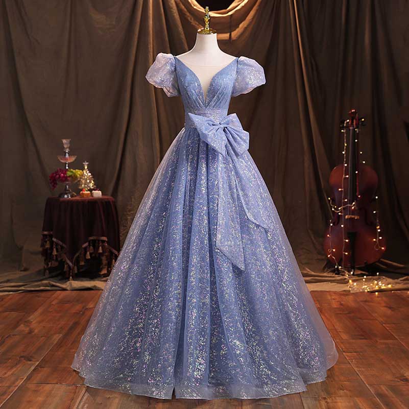 Blue Tulle Prom Dress Bow Detail Ball Gown Dress