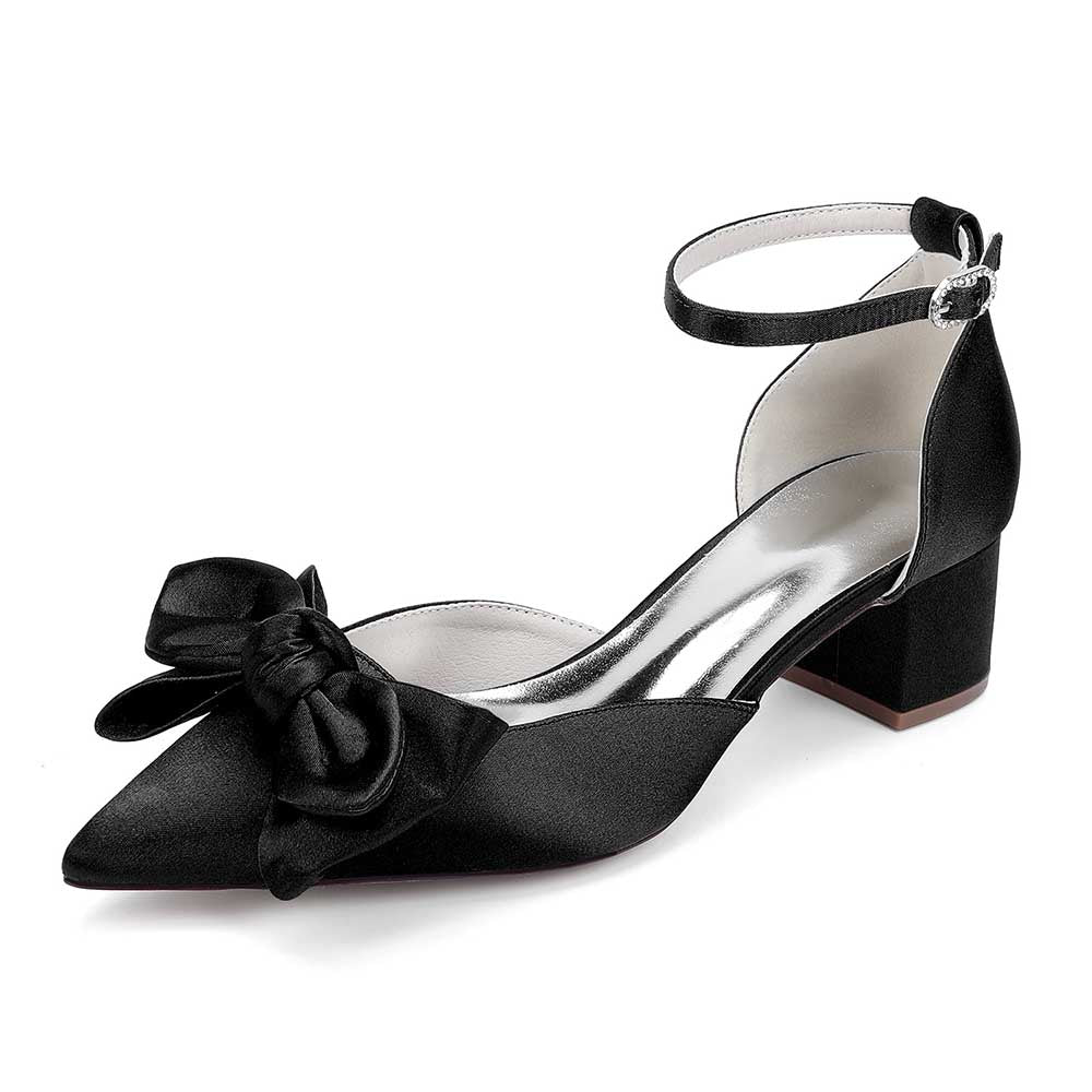Bow-knot Wedding Shoes Satin Block Heel Point Toe Bridesmaid Shoes