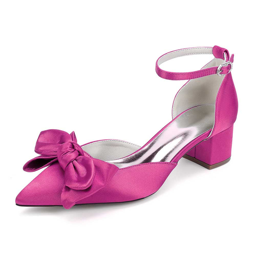 Bow-knot Wedding Shoes Satin Block Heel Point Toe Bridesmaid Shoes