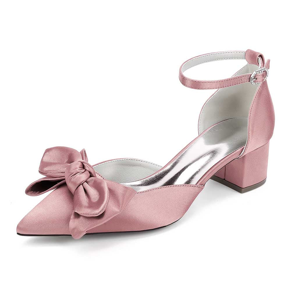 Bow-knot Wedding Shoes Satin Block Heel Point Toe Bridesmaid Shoes