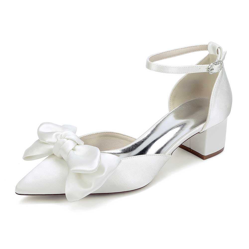 Bow-knot Wedding Shoes Satin Block Heel Point Toe Bridesmaid Shoes