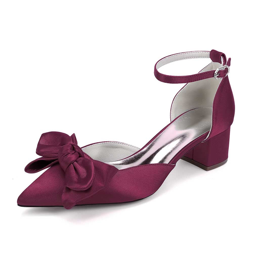 Bow-knot Wedding Shoes Satin Block Heel Point Toe Bridesmaid Shoes
