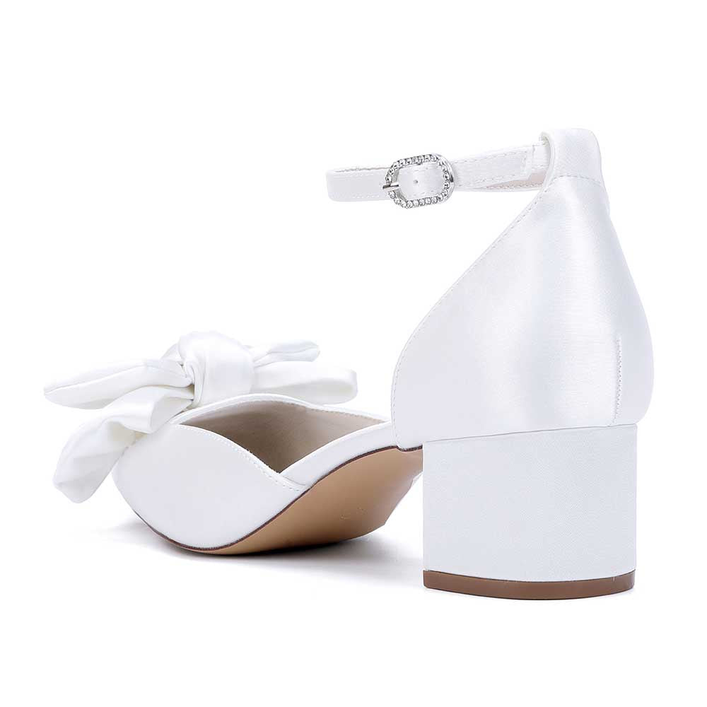 Bow-knot Wedding Shoes Satin Block Heel Point Toe Bridesmaid Shoes