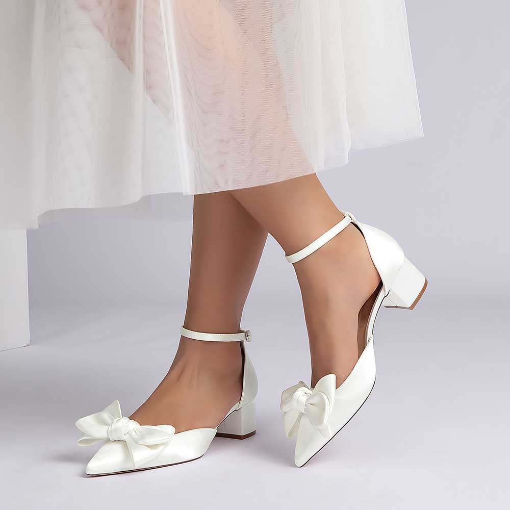 Bow-knot Wedding Shoes Satin Block Heel Point Toe Bridesmaid Shoes