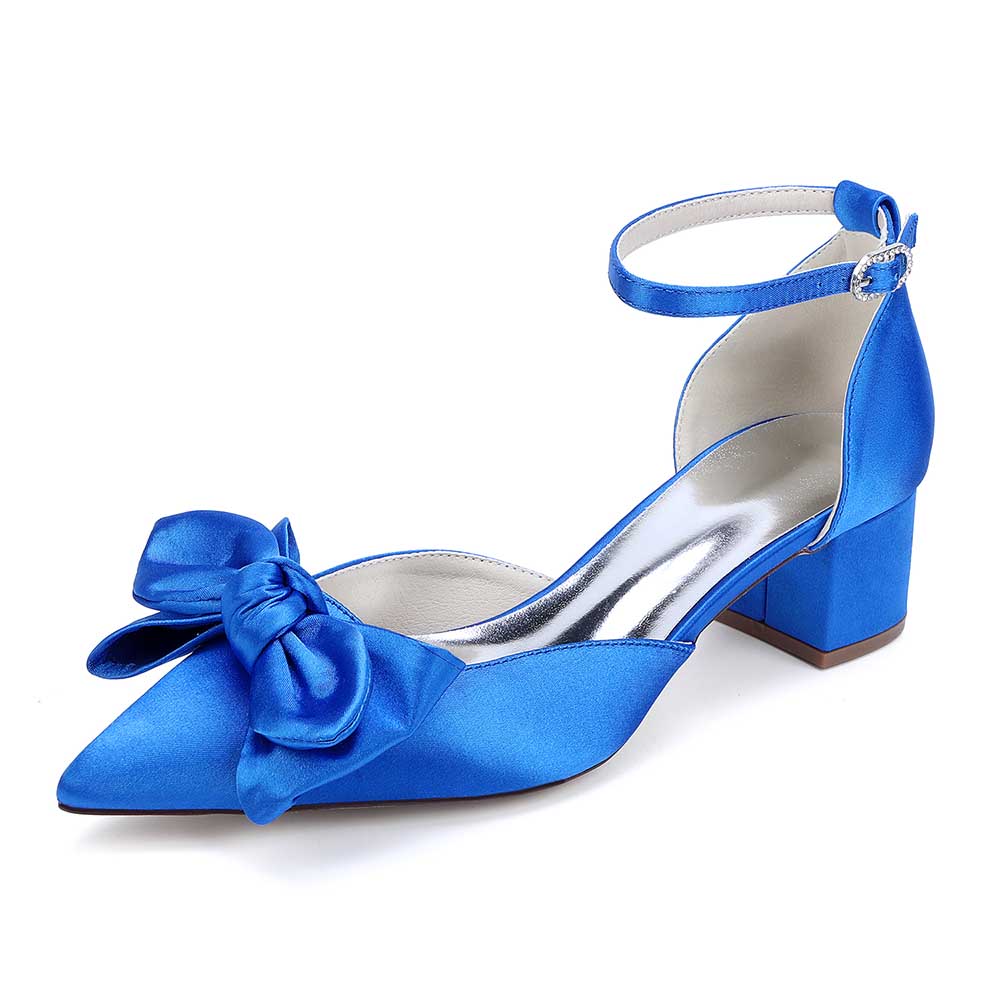 Bow-knot Wedding Shoes Satin Block Heel Point Toe Bridesmaid Shoes