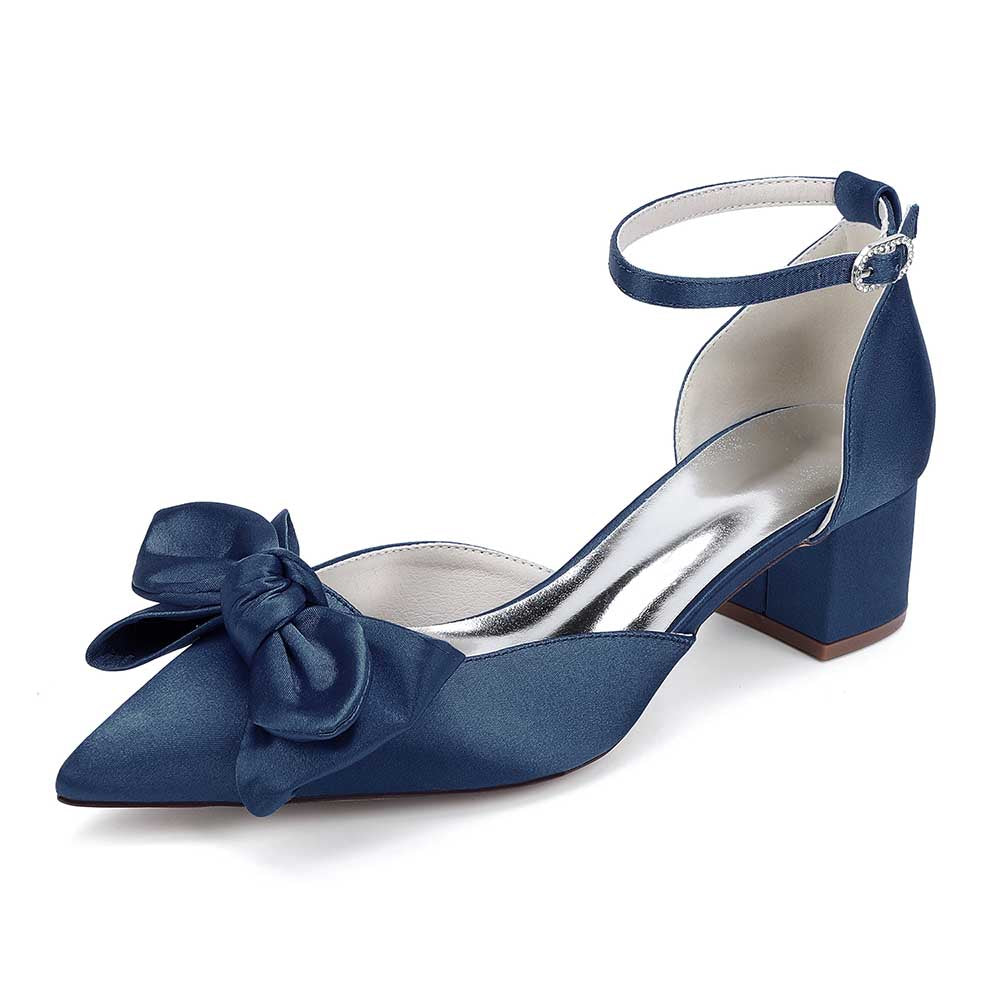 Bow-knot Wedding Shoes Satin Block Heel Point Toe Bridesmaid Shoes