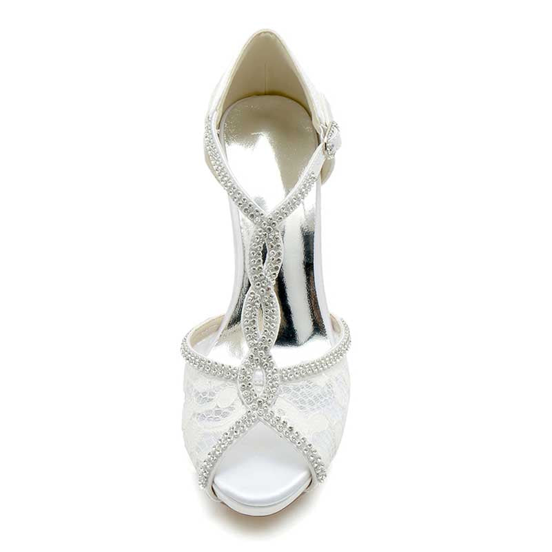3.94" Platform Bridal Shoes Lace Rhinestones Sandals Peep Toe Stiletto