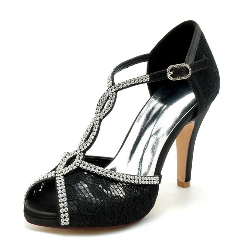 3.94" Platform Bridal Shoes Lace Rhinestones Sandals Peep Toe Stiletto