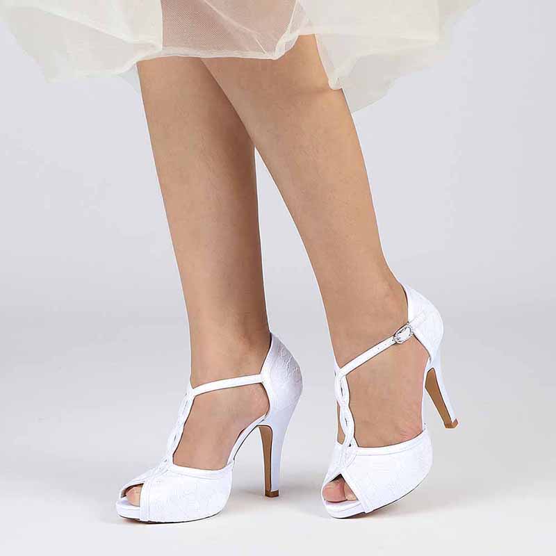 3.94" Satin Bridal Shoes For Wedding Lace Sandals Peep Toe Stiletto